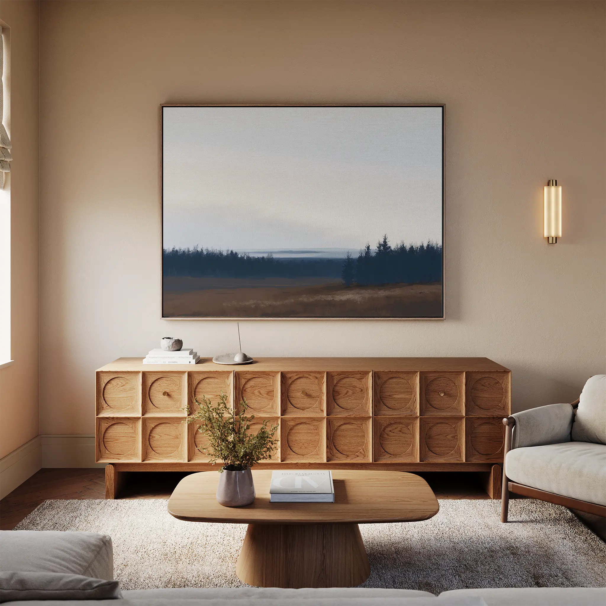 Whispering Pines at Dawn – blue vintage canvas wall art print by Aspire Prints