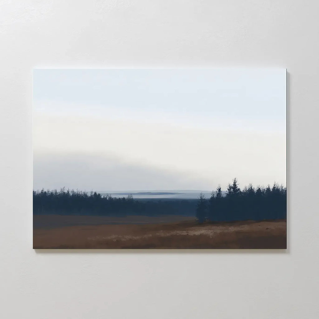Whispering Pines at Dawn – blue vintage canvas wall art print by Aspire Prints