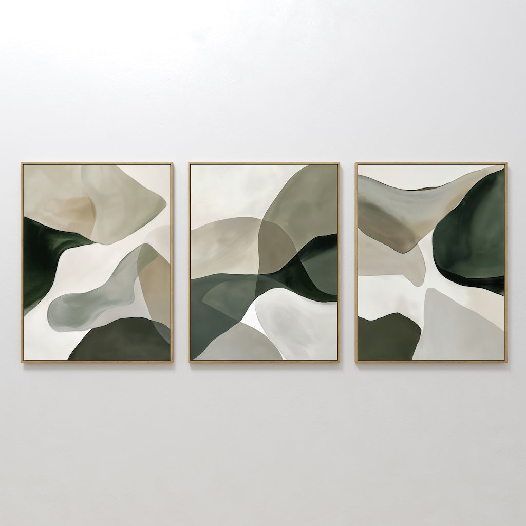 Whispers in Verdant Calm – Set of 3 Canvas Prints set of 3 – green abstract canvas wall art by Aspire Prints