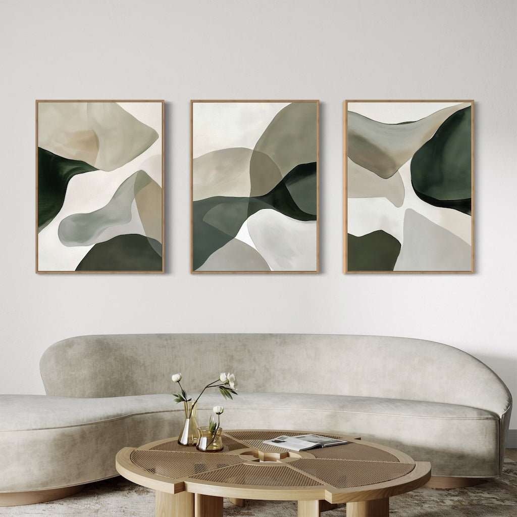 Whispers in Verdant Calm – Set of 3 Canvas Prints set of 3 – green abstract canvas wall art by Aspire Prints