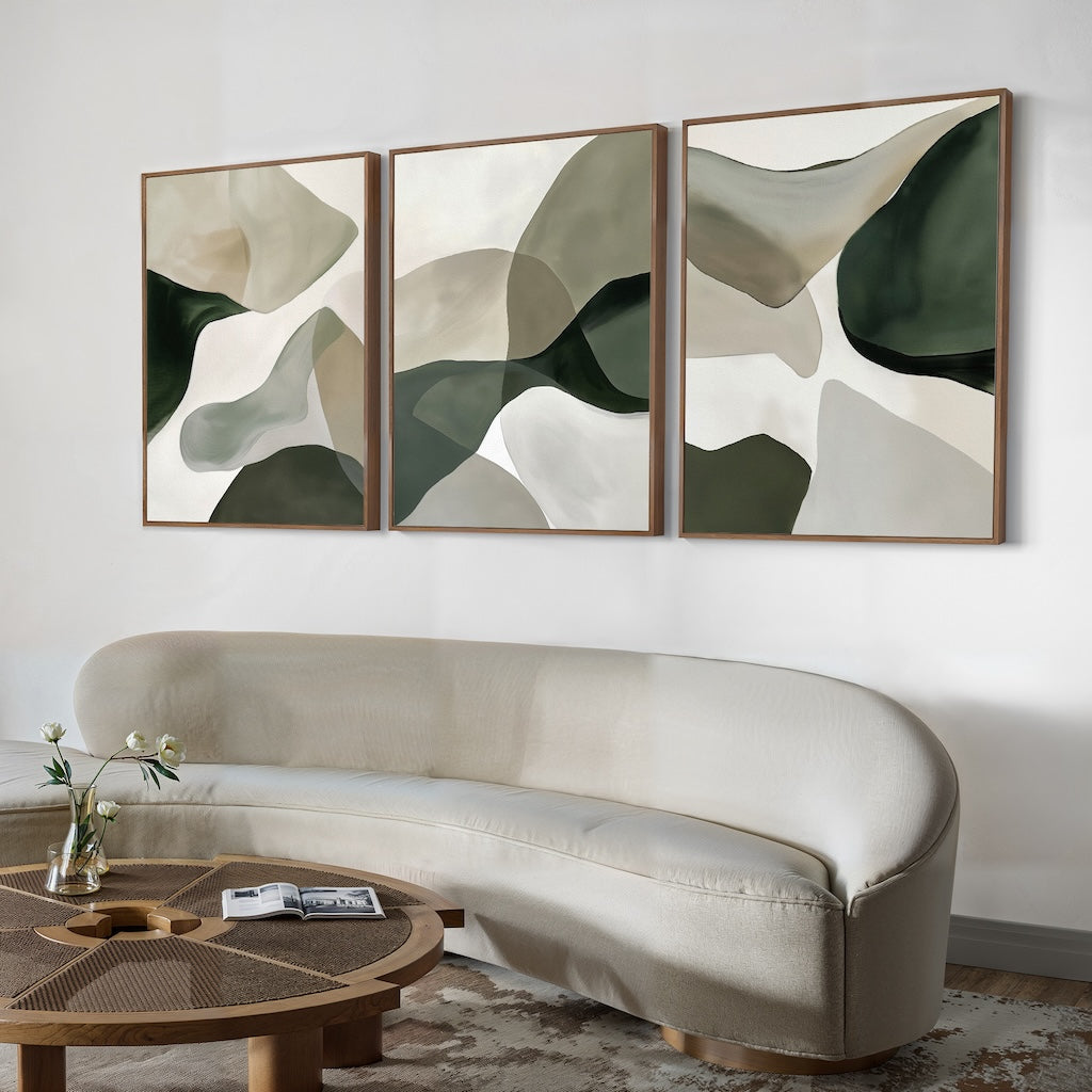 Whispers in Verdant Calm – Set of 3 Canvas Prints set of 3 – green abstract canvas wall art by Aspire Prints