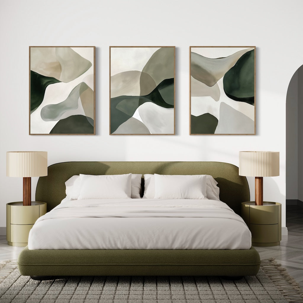 Whispers in Verdant Calm – Set of 3 Canvas Prints set of 3 – green abstract canvas wall art by Aspire Prints