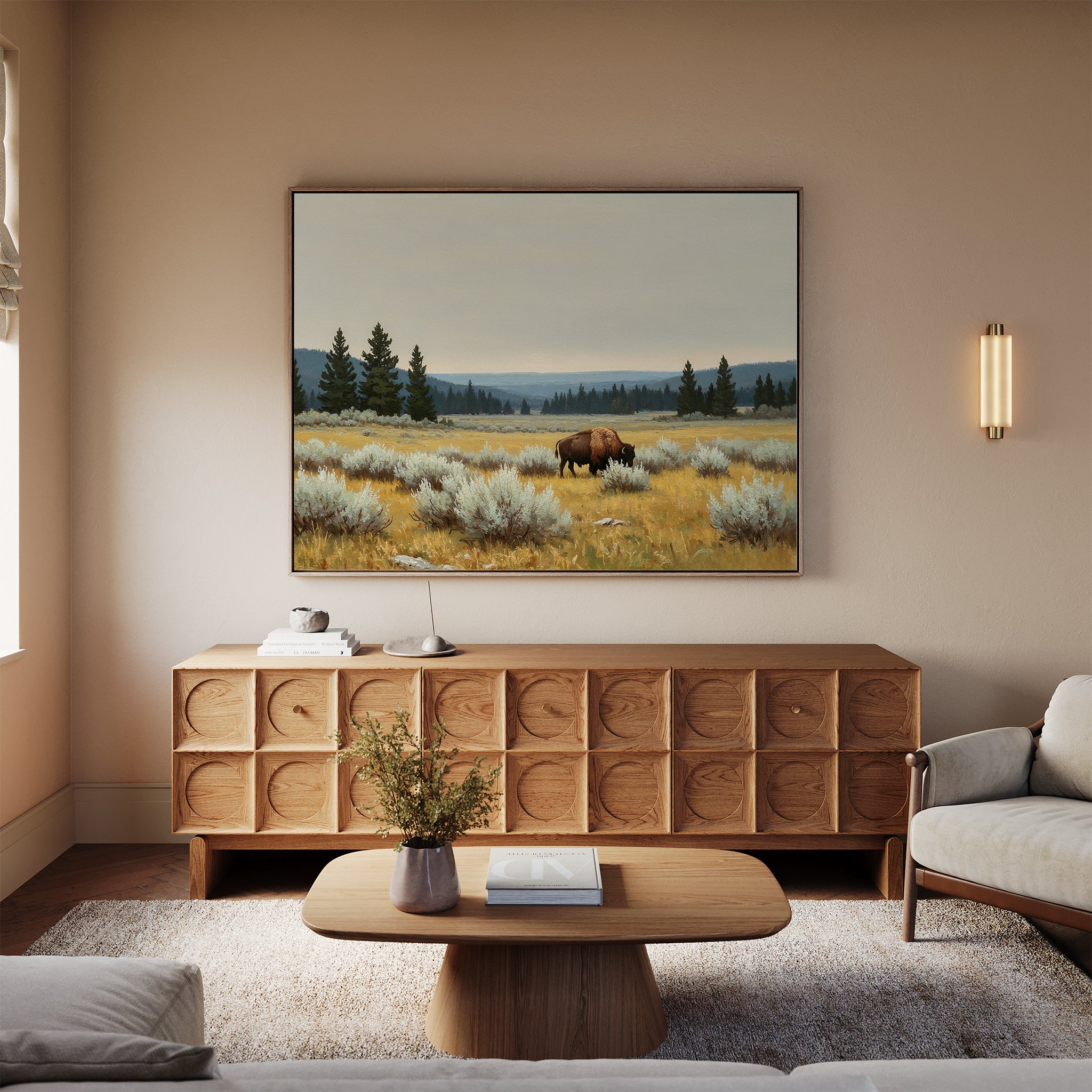 Where the Bison Roams – neutral-toned vintage canvas wall art print by Aspire Prints