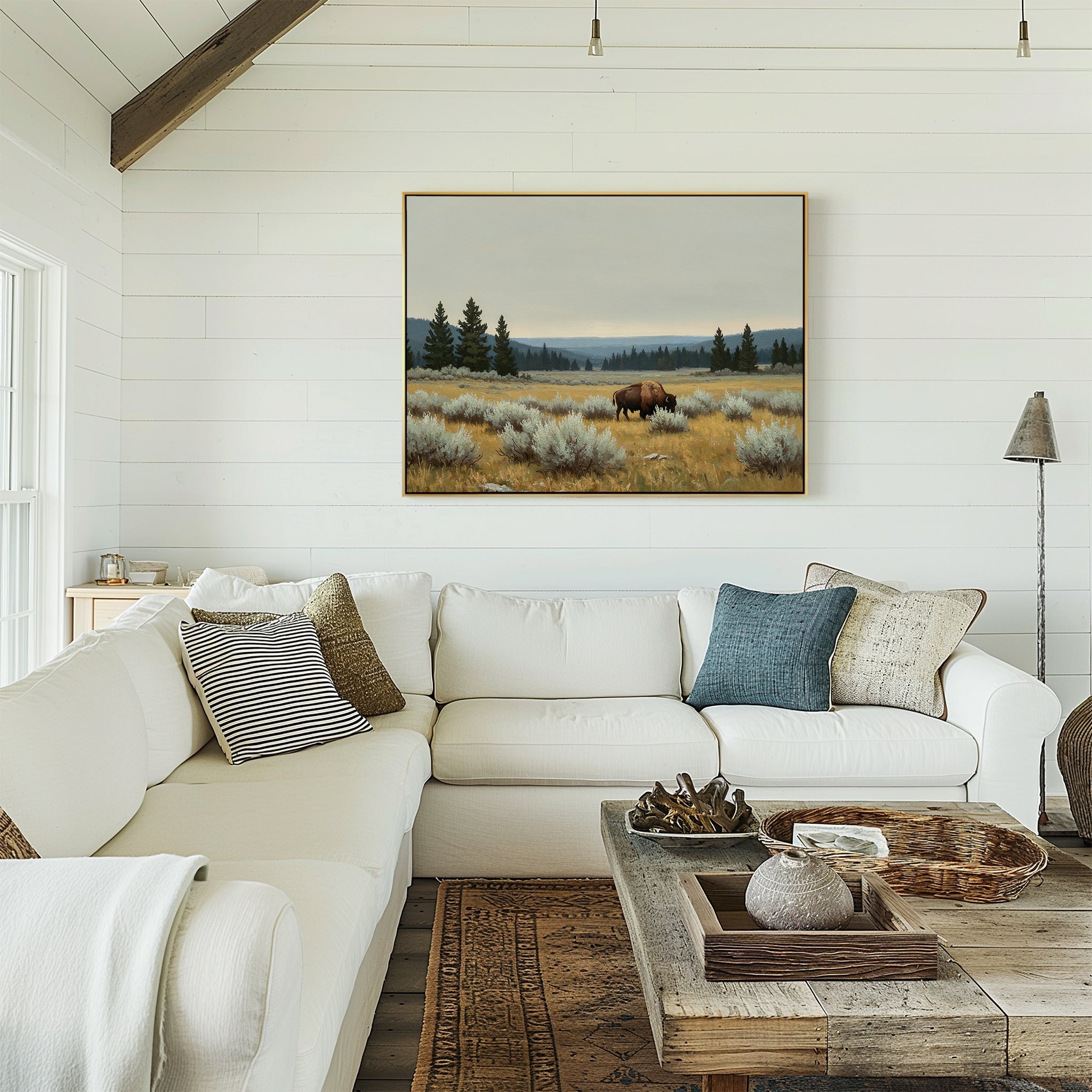 Where the Bison Roams – neutral-toned vintage canvas wall art print by Aspire Prints