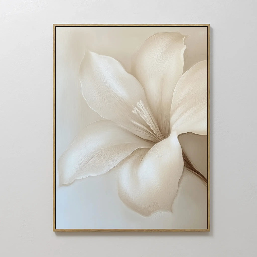 Whispering Petal – beige and white botanical canvas wall art print by Aspire Prints