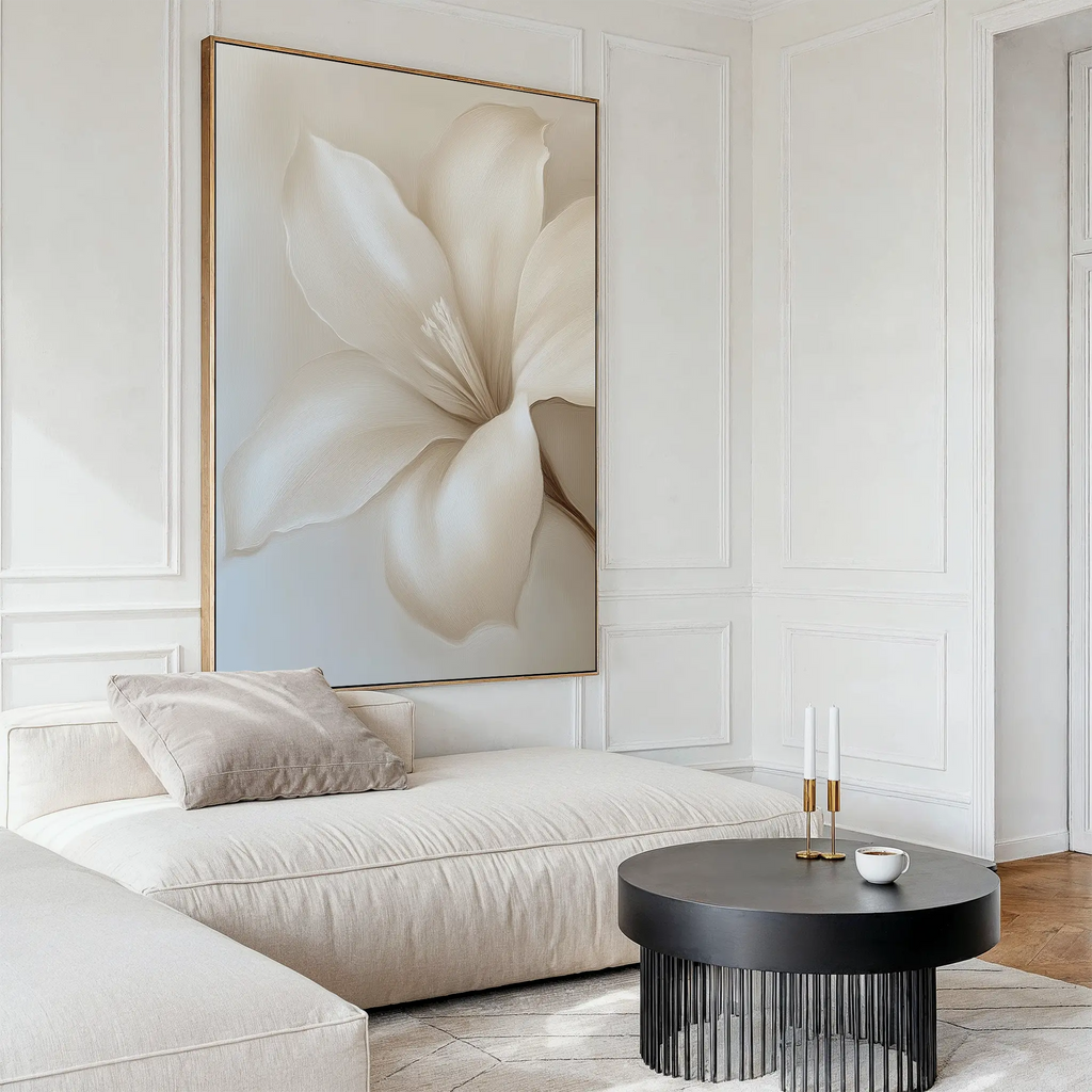 Whispering Petal – beige and white botanical canvas wall art print by Aspire Prints