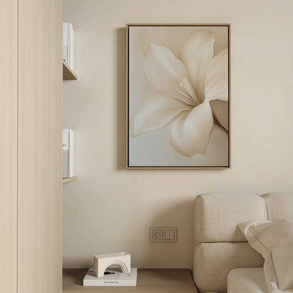 Whispering Petal – beige and white botanical canvas wall art print by Aspire Prints