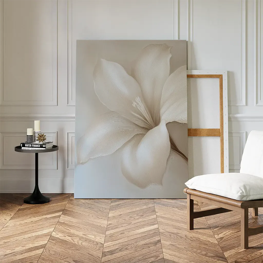 Whispering Petal – beige and white botanical canvas wall art print by Aspire Prints