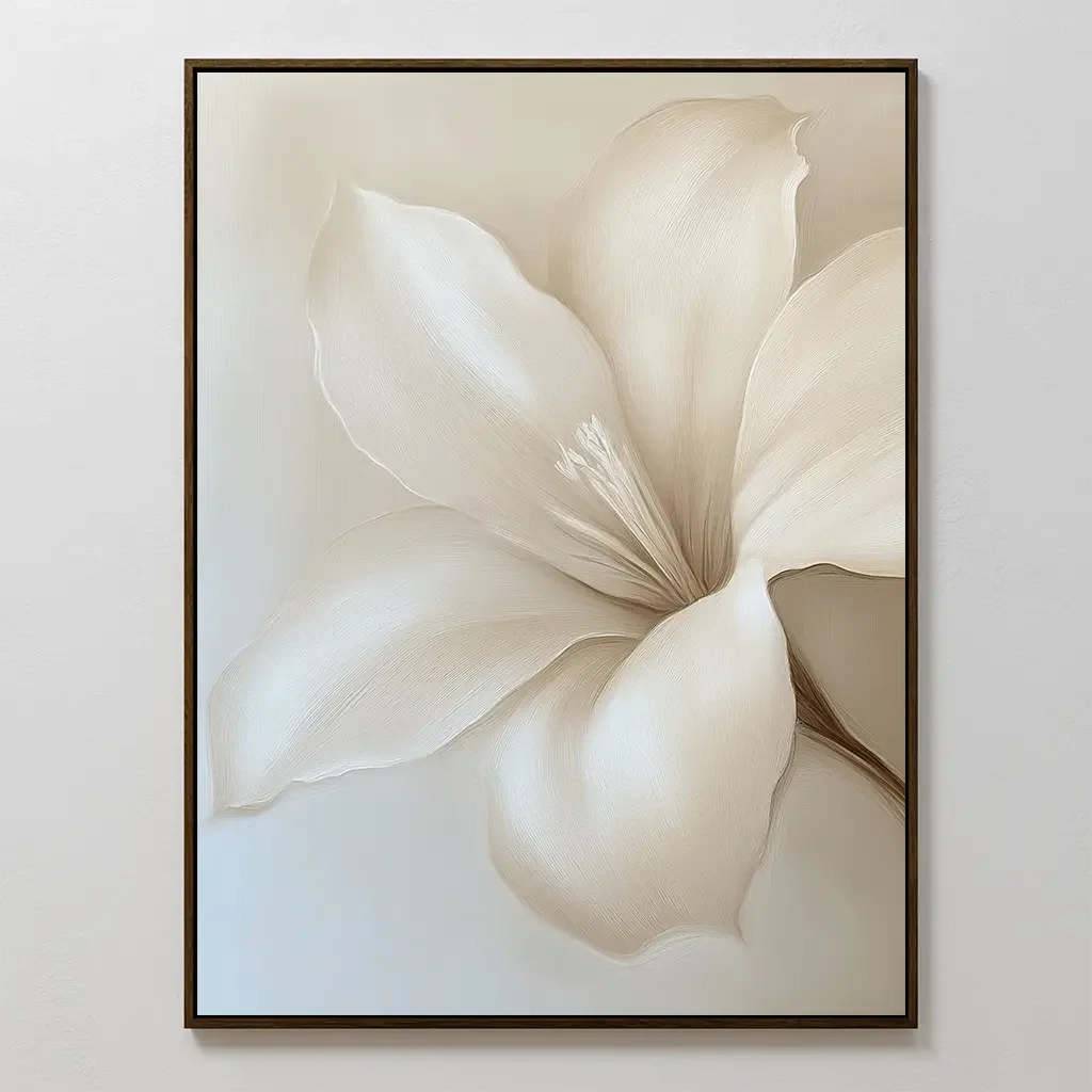 Whispering Petal – beige and white botanical canvas wall art print by Aspire Prints
