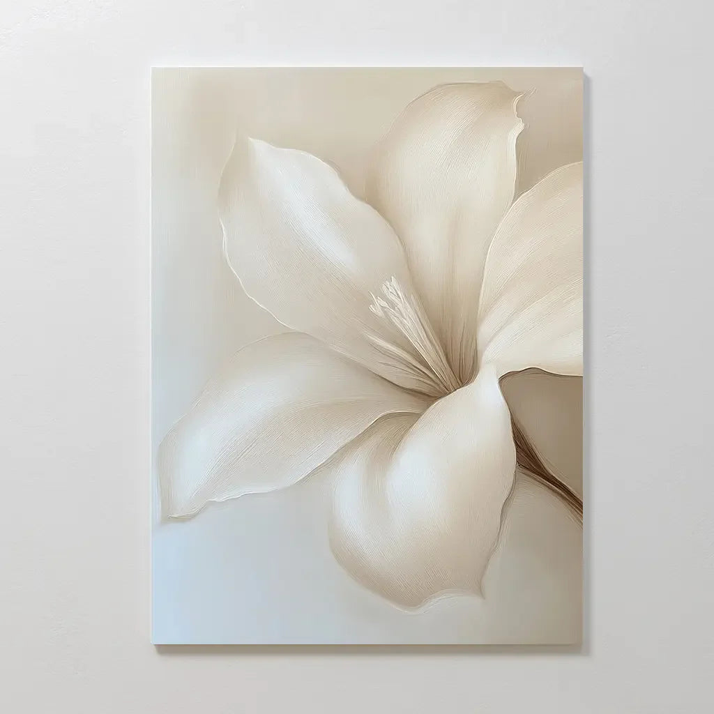 Whispering Petal – beige and white botanical canvas wall art print by Aspire Prints