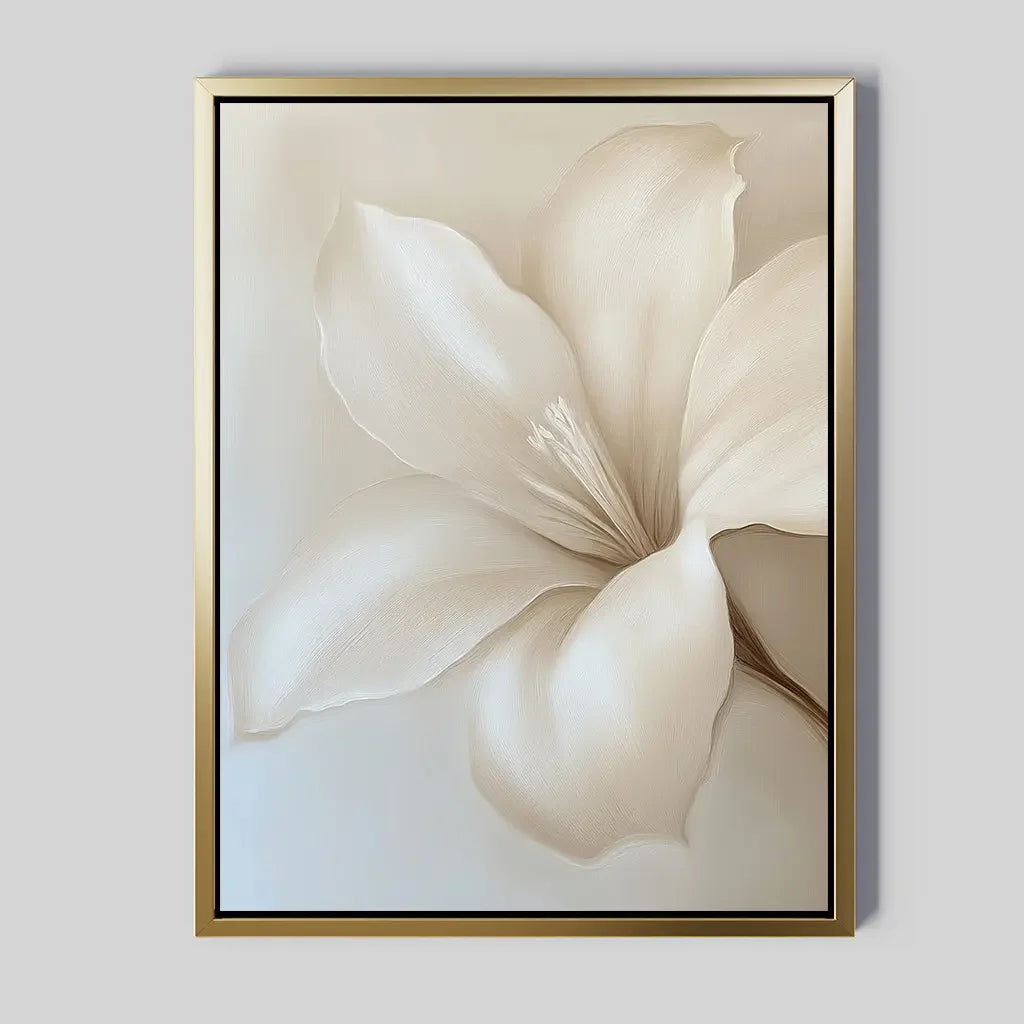 Whispering Petal – beige and white botanical canvas wall art print by Aspire Prints
