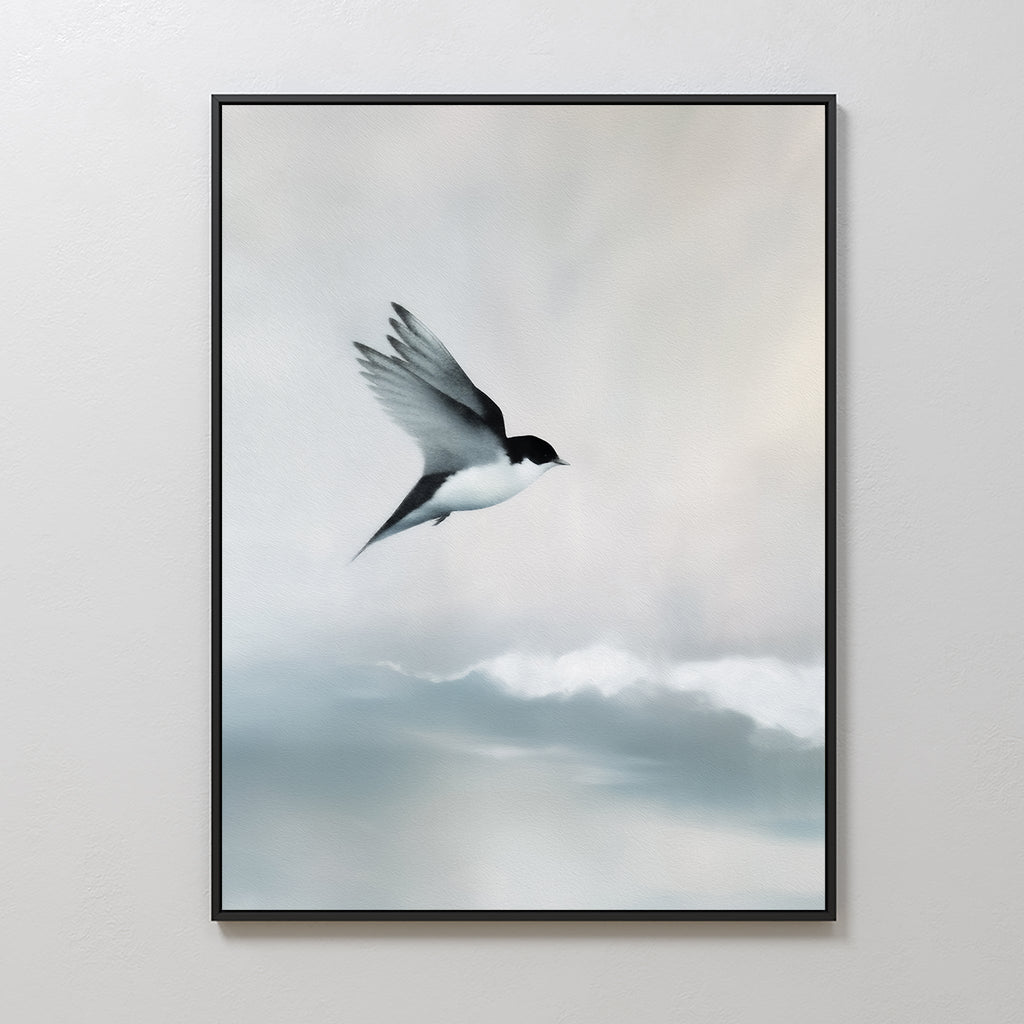 Whisper of Wings Over Misty Shores Canvas Print – neutral-toned wildlife canvas wall art print by Aspire Prints