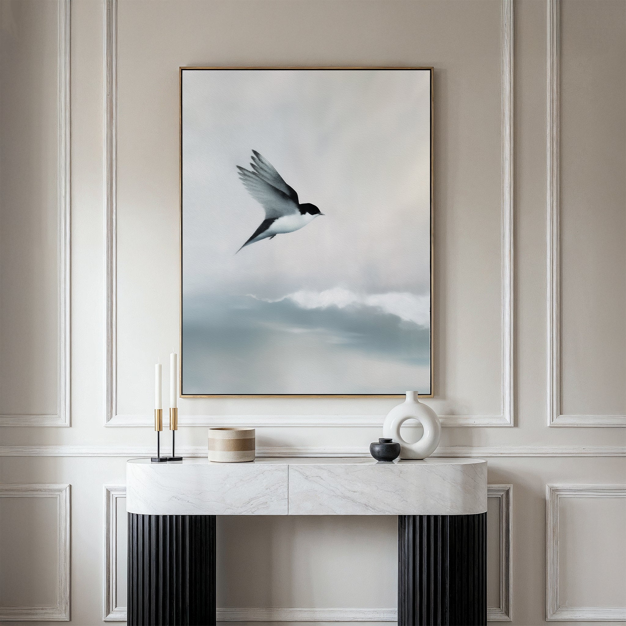 Whisper of Wings Over Misty Shores Canvas Print – neutral-toned wildlife canvas wall art print by Aspire Prints