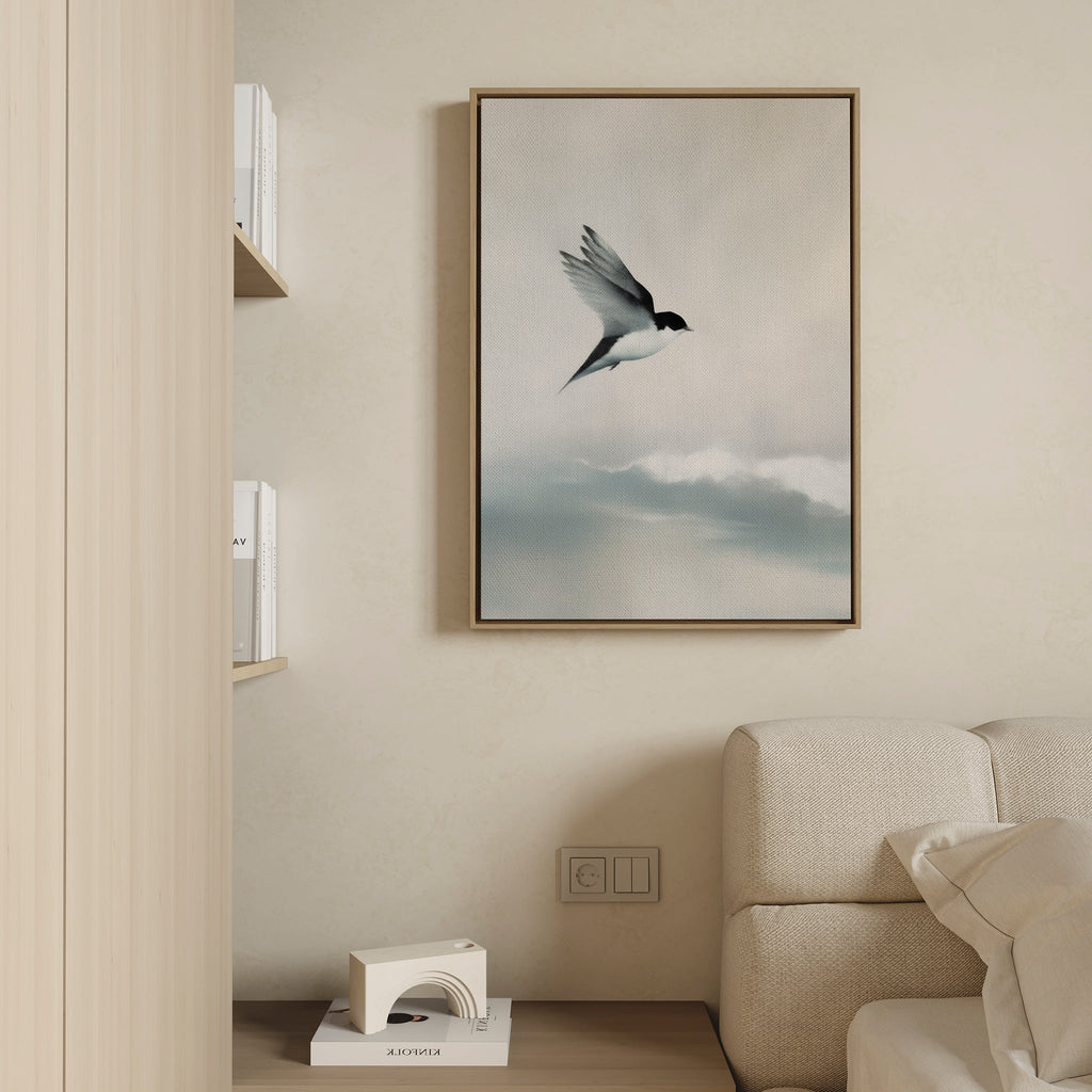 Whisper of Wings Over Misty Shores Canvas Print – neutral-toned wildlife canvas wall art print by Aspire Prints