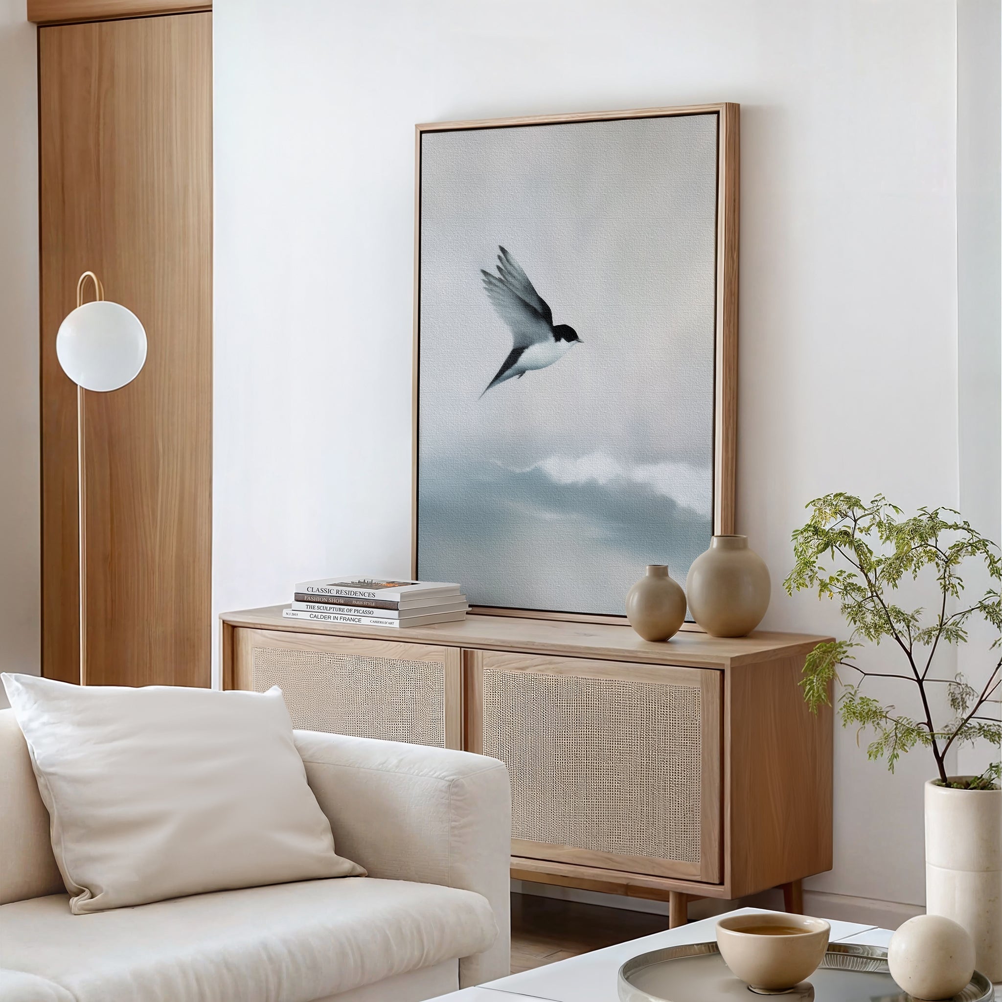Whisper of Wings Over Misty Shores Canvas Print – neutral-toned wildlife canvas wall art print by Aspire Prints