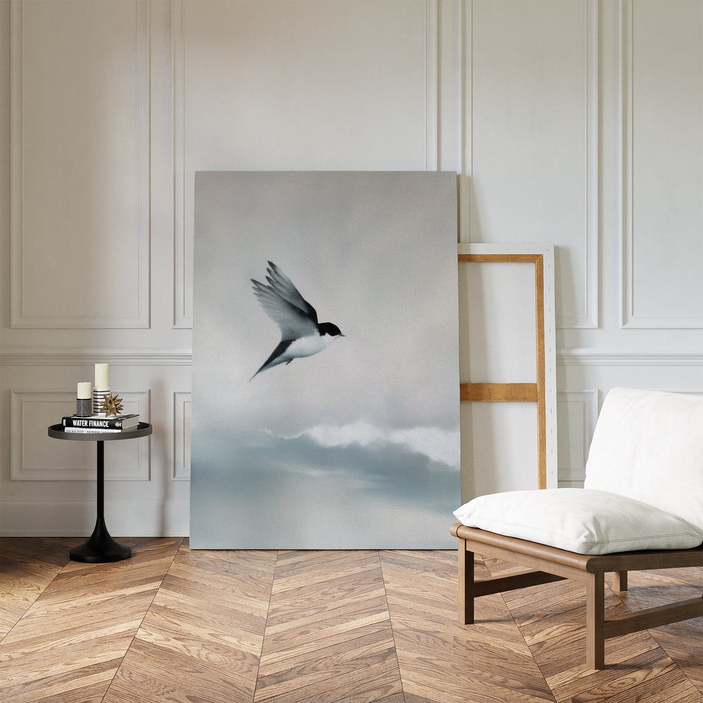 Whisper of Wings Over Misty Shores Canvas Print – neutral-toned wildlife canvas wall art print by Aspire Prints