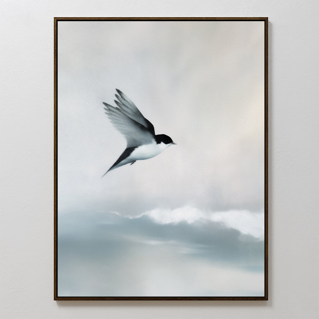 Whisper of Wings Over Misty Shores Canvas Print – neutral-toned wildlife canvas wall art print by Aspire Prints