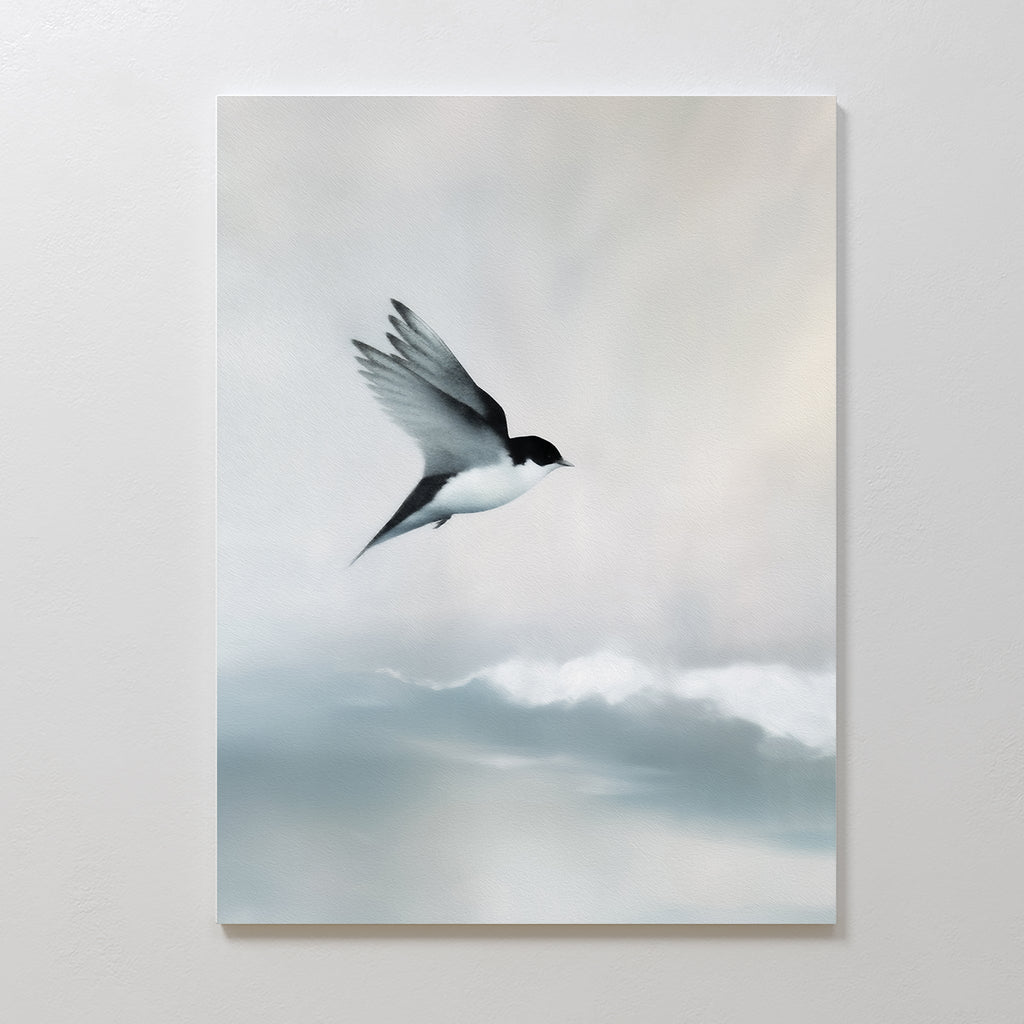 Whisper of Wings Over Misty Shores Canvas Print – neutral-toned wildlife canvas wall art print by Aspire Prints