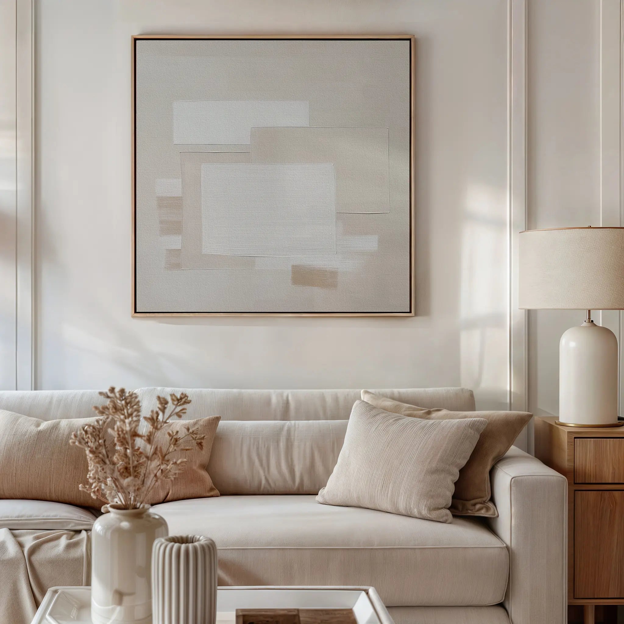 Whispers in Cream – beige and white abstract canvas wall art print by Aspire Prints