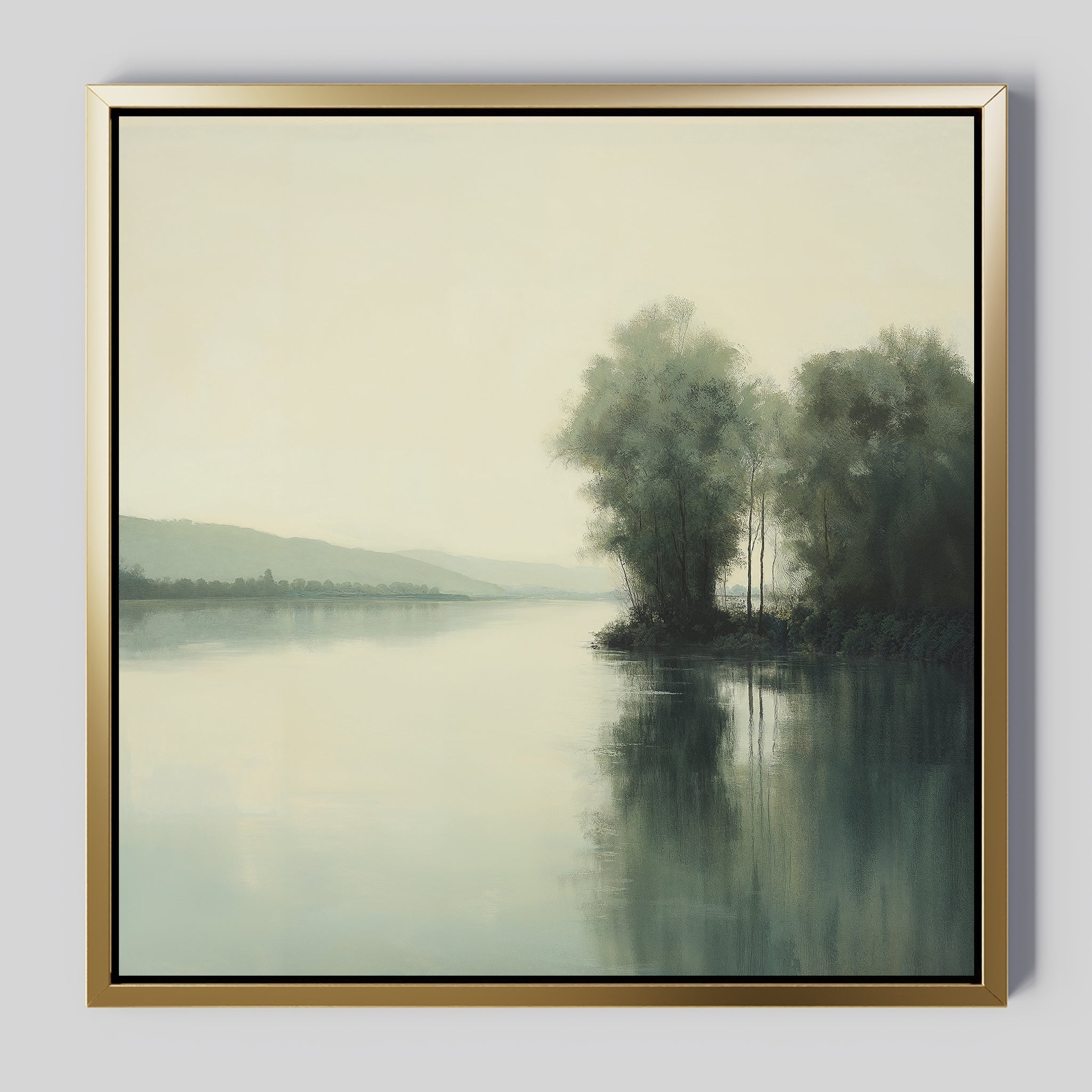 Whispers of the Mistbound River – green vintage canvas wall art print by Aspire Prints
