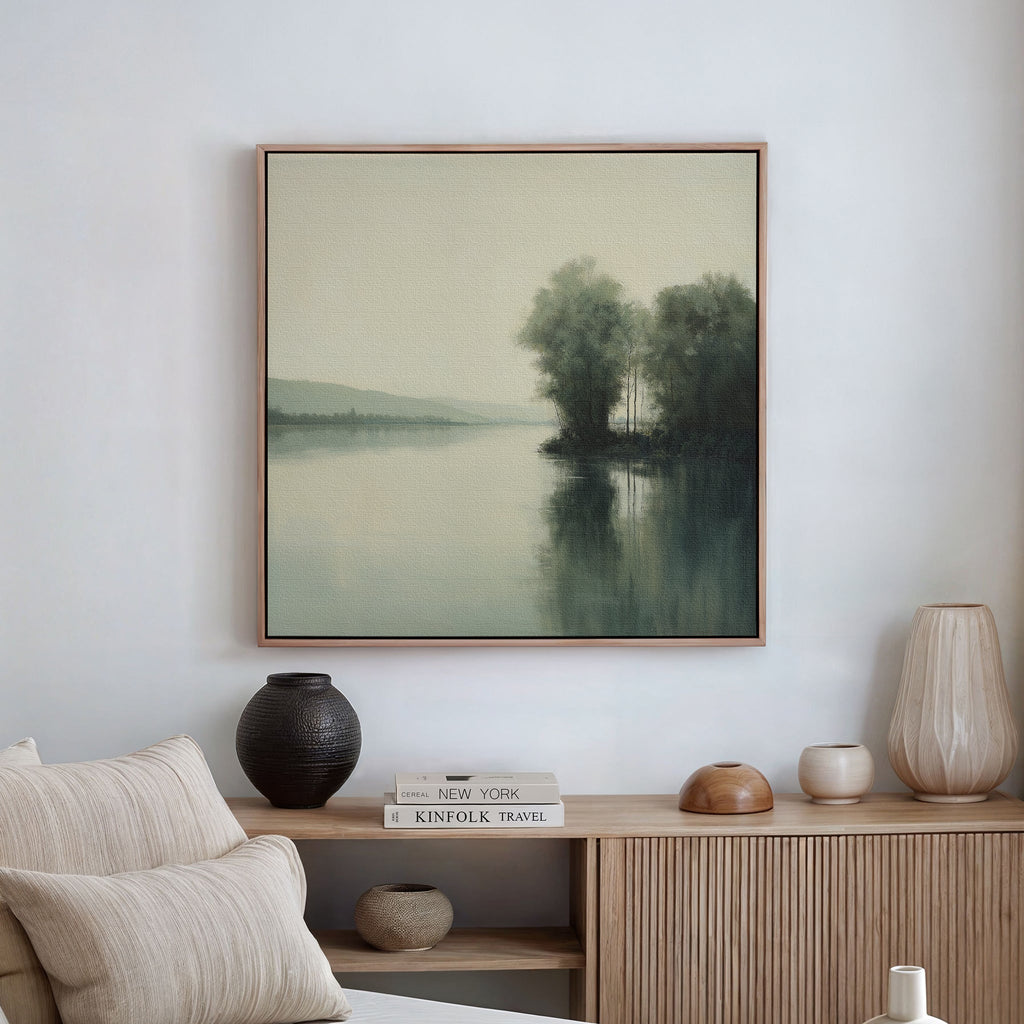Whispers of the Mistbound River – green vintage canvas wall art print by Aspire Prints