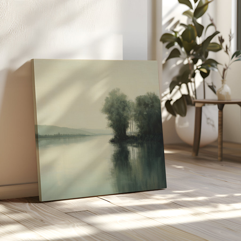 Whispers of the Mistbound River – green vintage canvas wall art print by Aspire Prints