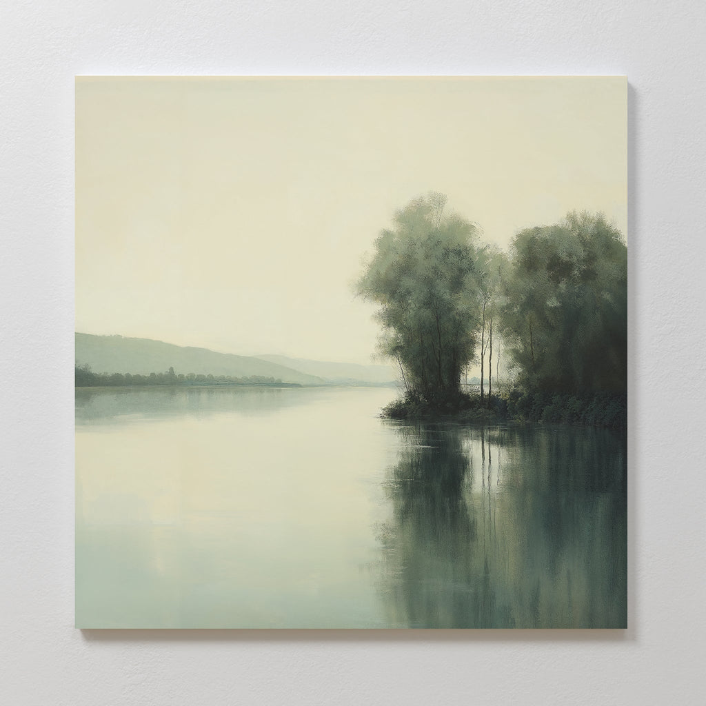 Whispers of the Mistbound River – green vintage canvas wall art print by Aspire Prints