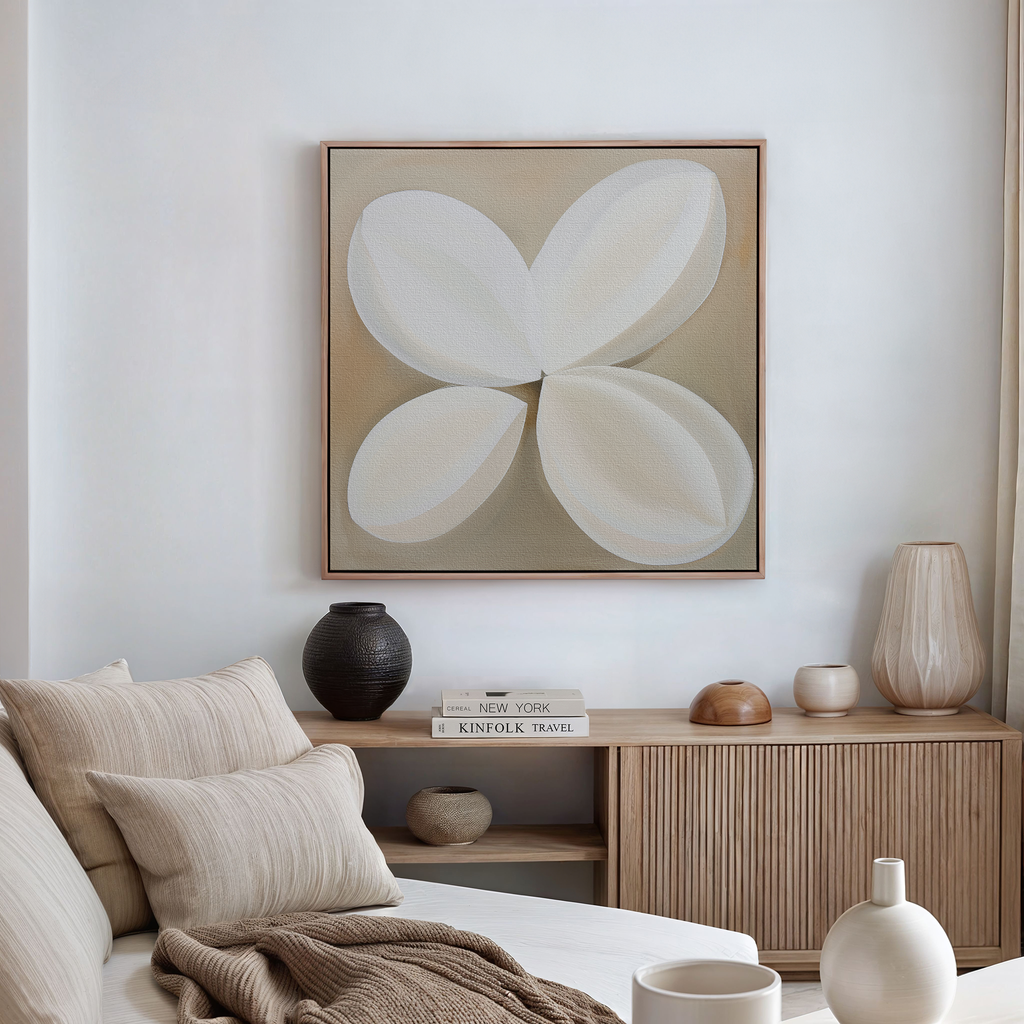 Whispering Petals at Dawn – beige and white botanical canvas wall art print by Aspire Prints