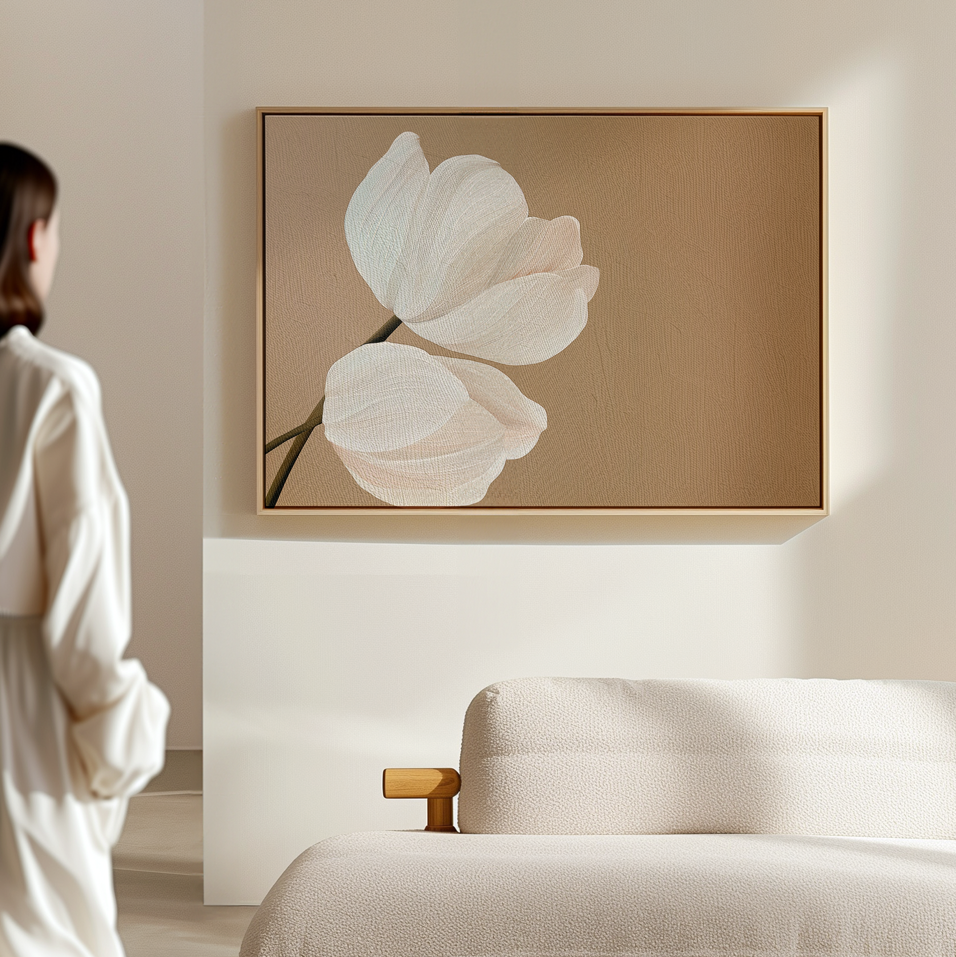 Whispers in Bloom – beige and white botanical canvas wall art print by Aspire Prints