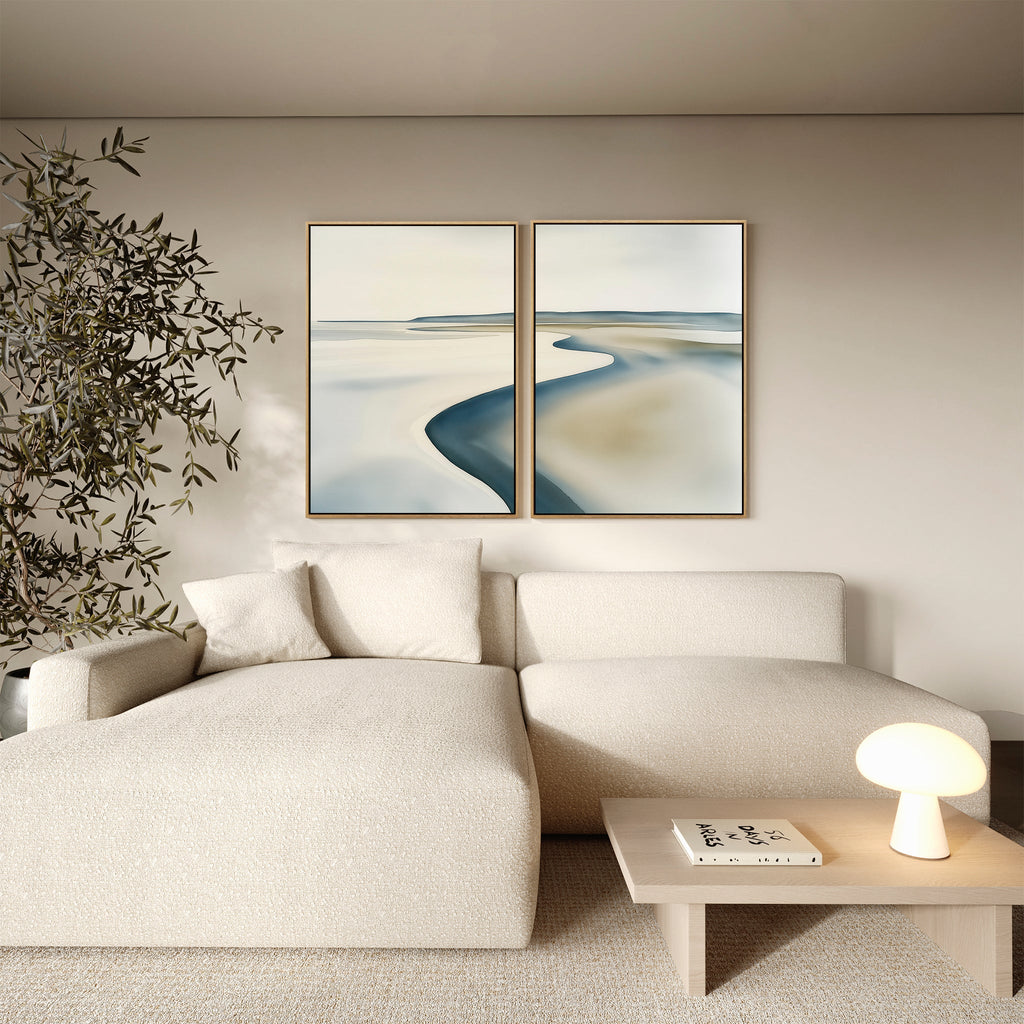 Tide & Hush Diptych – Set of 2 Canvas Prints set of 2 – neutral-toned coastal canvas wall art by Aspire Prints
