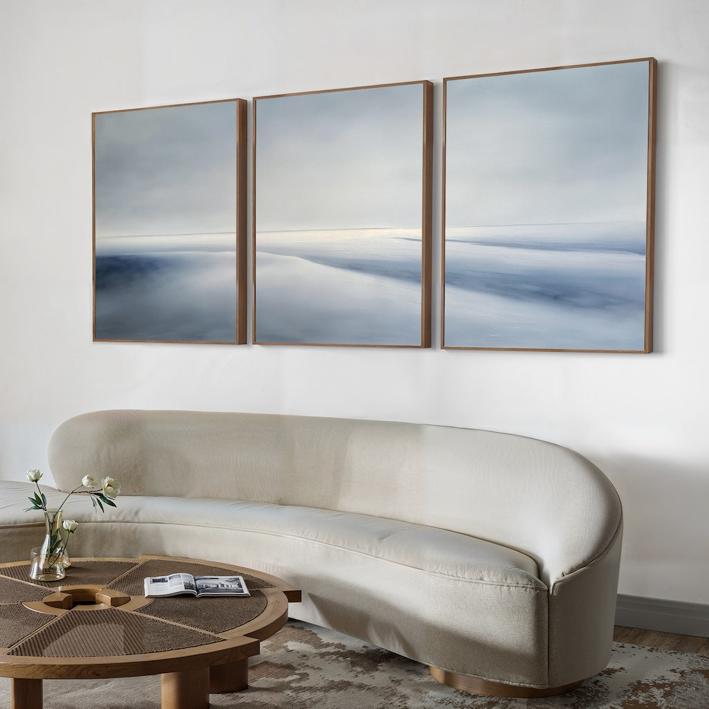 Whispers of the Tide – Set of 3 Canvas Prints set of 3 – blue coastal canvas wall art by Aspire Prints