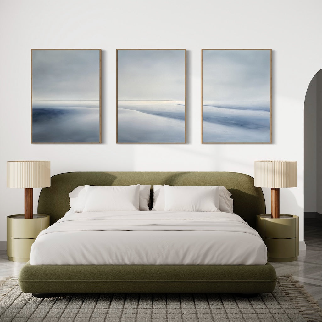 Whispers of the Tide – Set of 3 Canvas Prints set of 3 – blue coastal canvas wall art by Aspire Prints