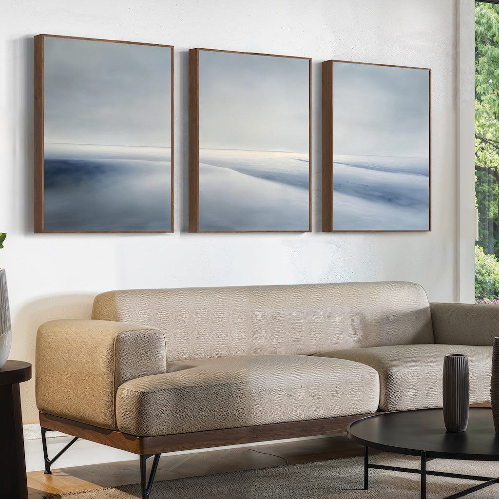 Whispers of the Tide – Set of 3 Canvas Prints set of 3 – blue coastal canvas wall art by Aspire Prints