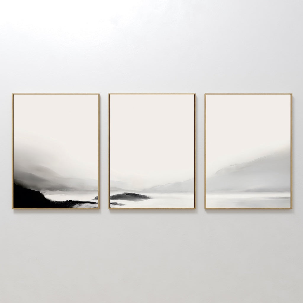 Whispers of the Highlands – Set of 3 Canvas Prints set of 3 – black and white landscape canvas wall art by Aspire Prints