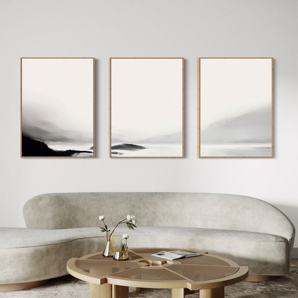 Whispers of the Highlands – Set of 3 Canvas Prints set of 3 – black and white landscape canvas wall art by Aspire Prints