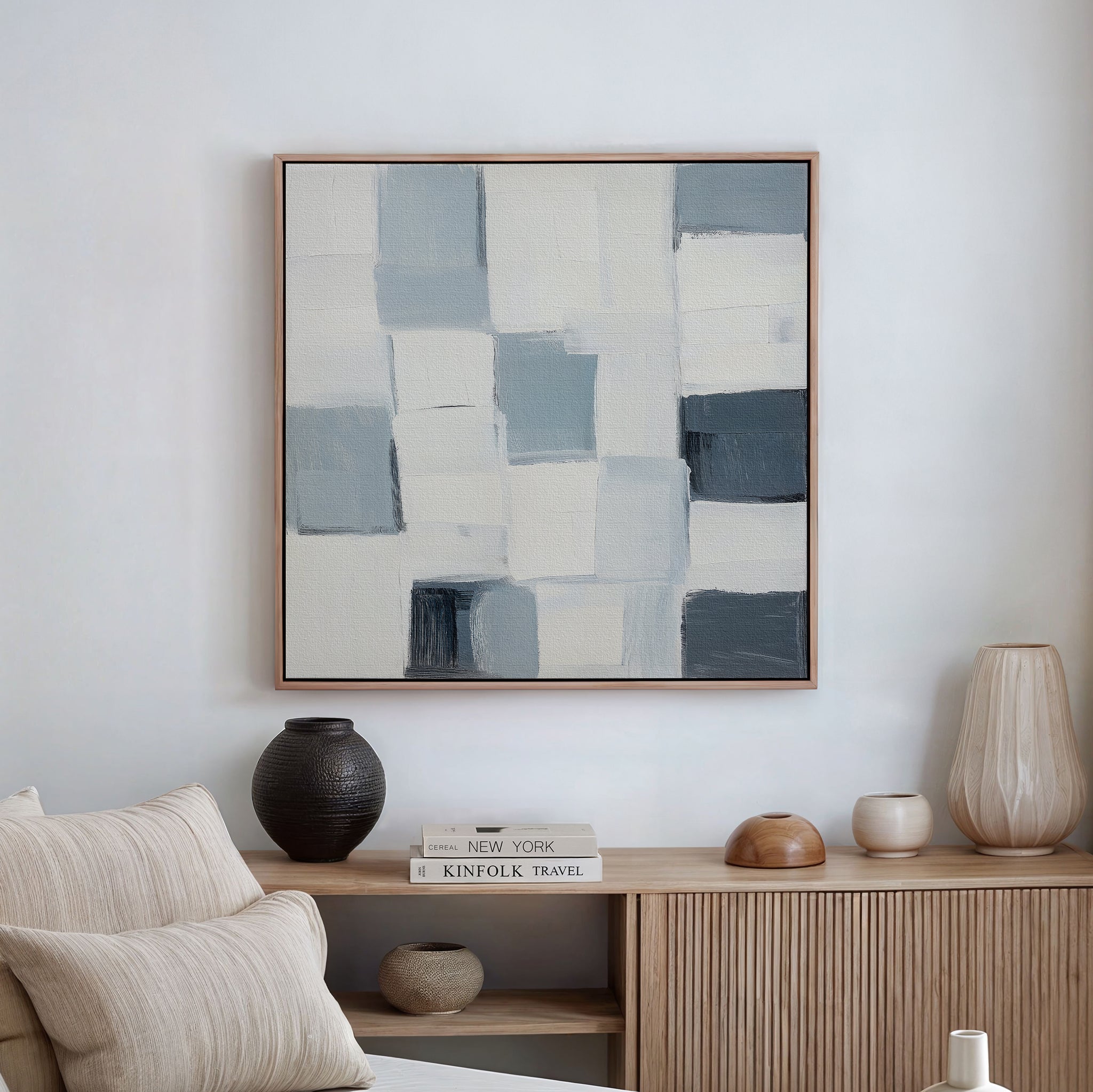 Whispered Geometry – blue abstract canvas wall art print by Aspire Prints