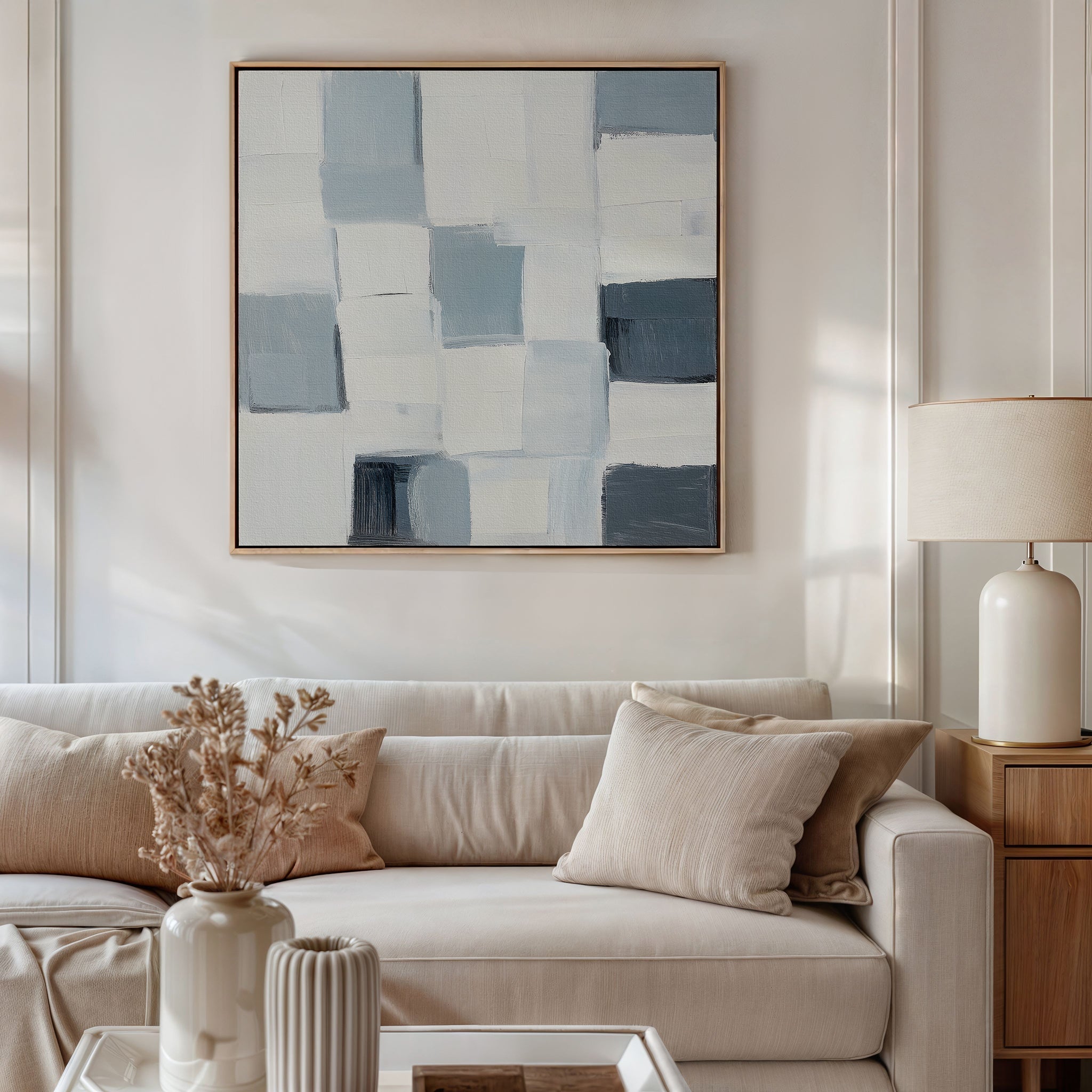Whispered Geometry – blue abstract canvas wall art print by Aspire Prints