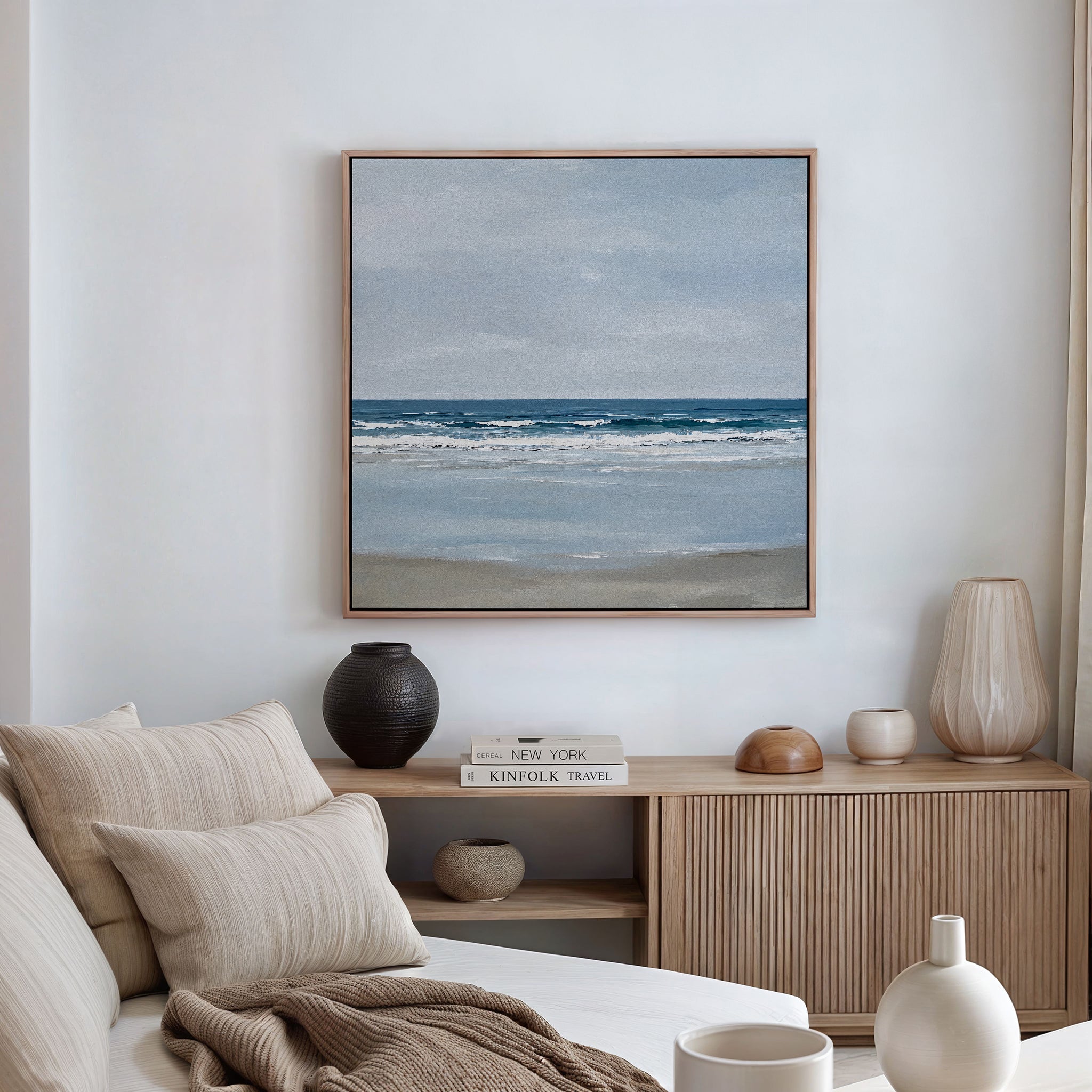 Whispering Shoreline Canvas Print – neutral-toned coastal canvas wall art print by Aspire Prints