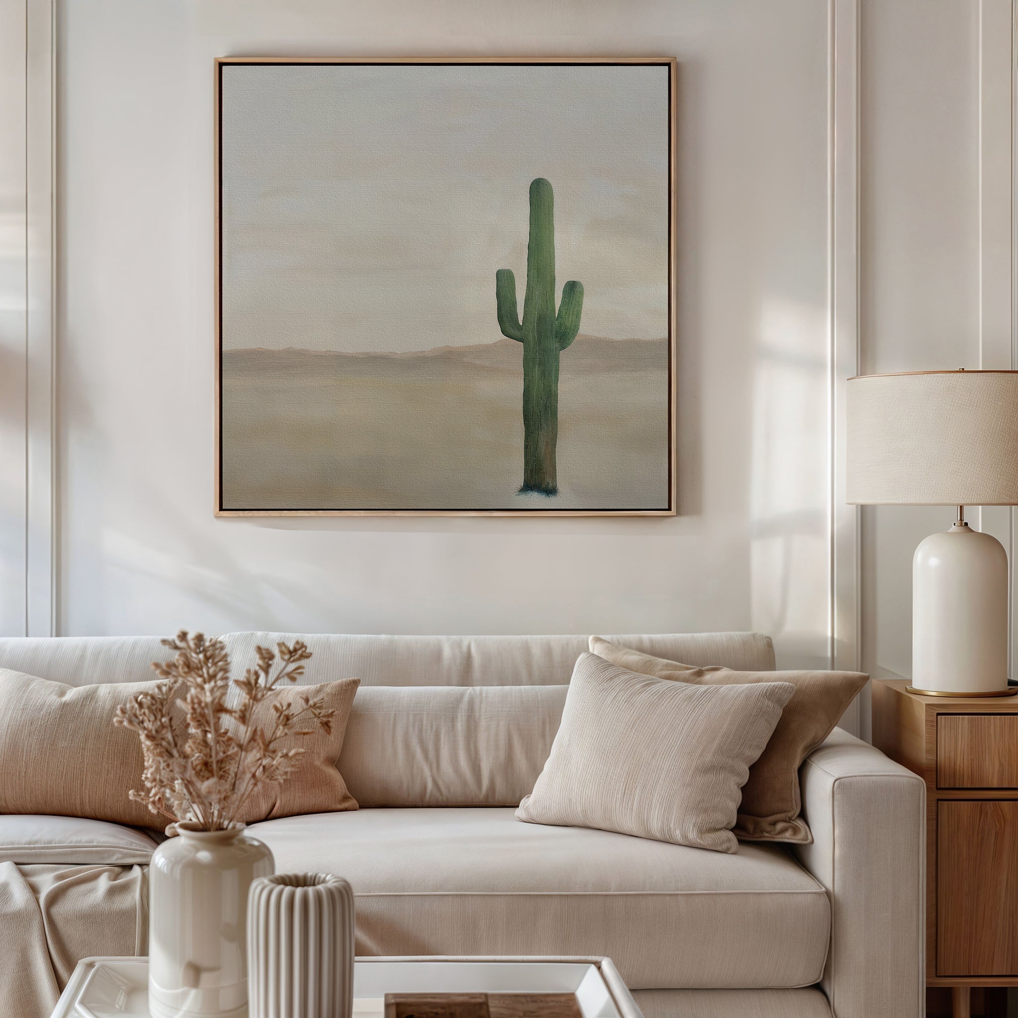 Saguaro & Silence – neutral-toned desert canvas wall art print by Aspire Prints