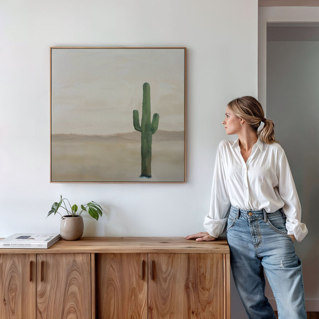 Saguaro & Silence – neutral-toned desert canvas wall art print by Aspire Prints