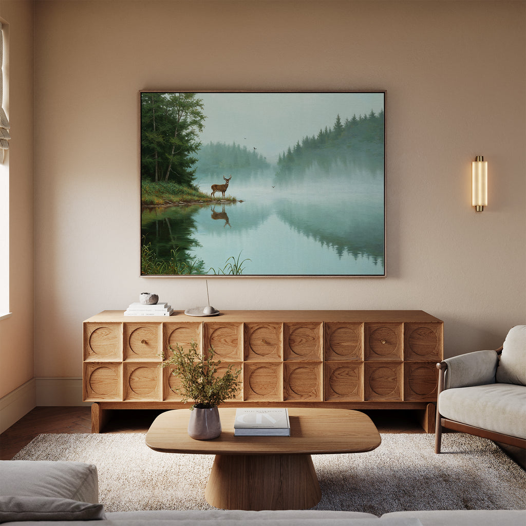Where the Stag Drinks Quiet – neutral-toned vintage canvas wall art print by Aspire Prints
