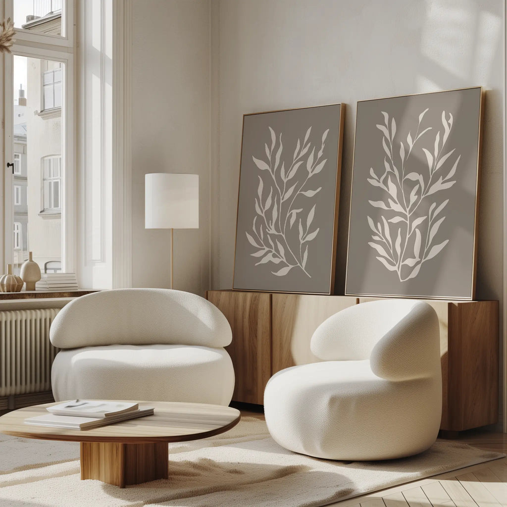 Whispering Ferns Diptych – Set of 2 Canvas Prints set of 2 – beige and white botanical canvas wall art by Aspire Prints