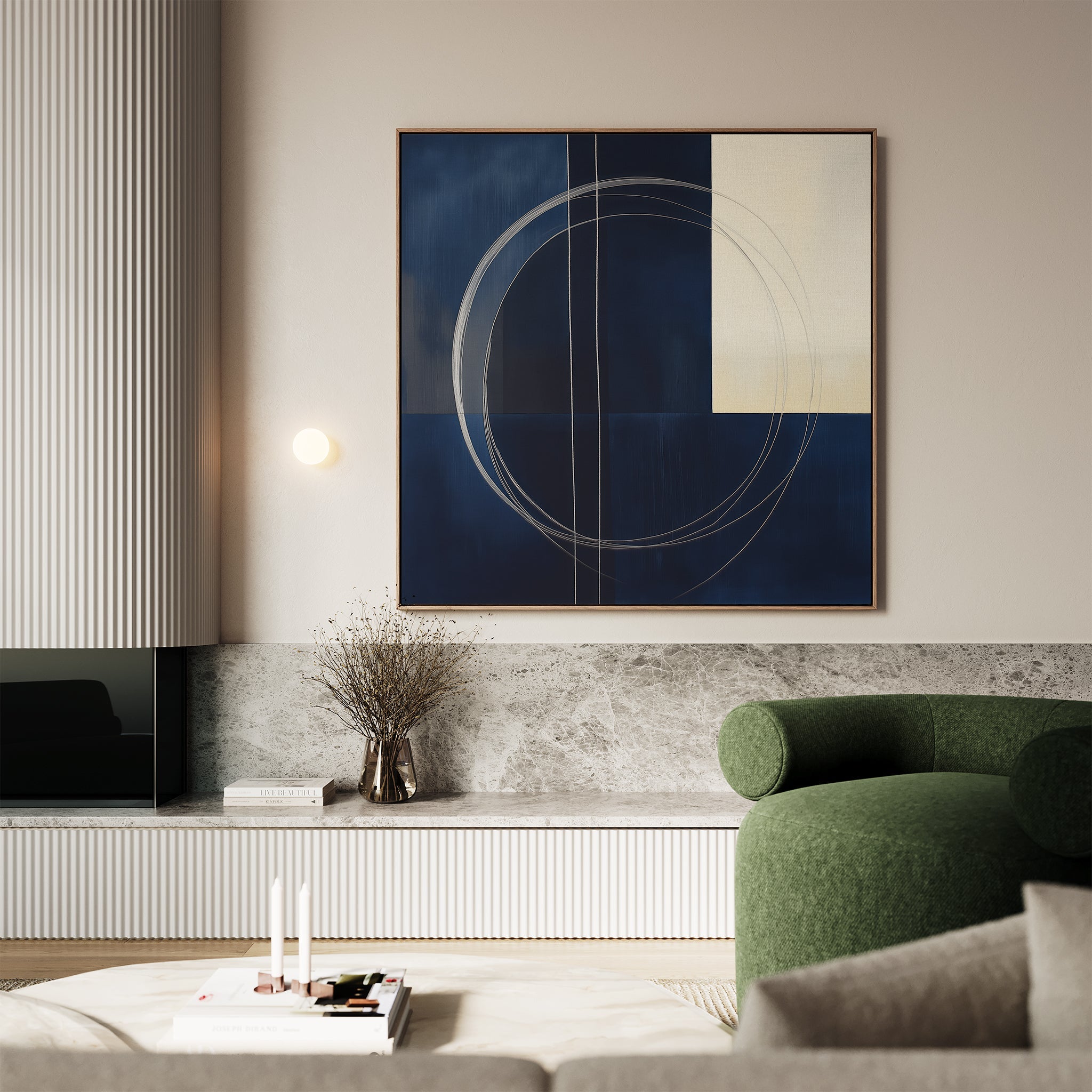 Orbits in Midnight – blue abstract canvas wall art print by Aspire Prints