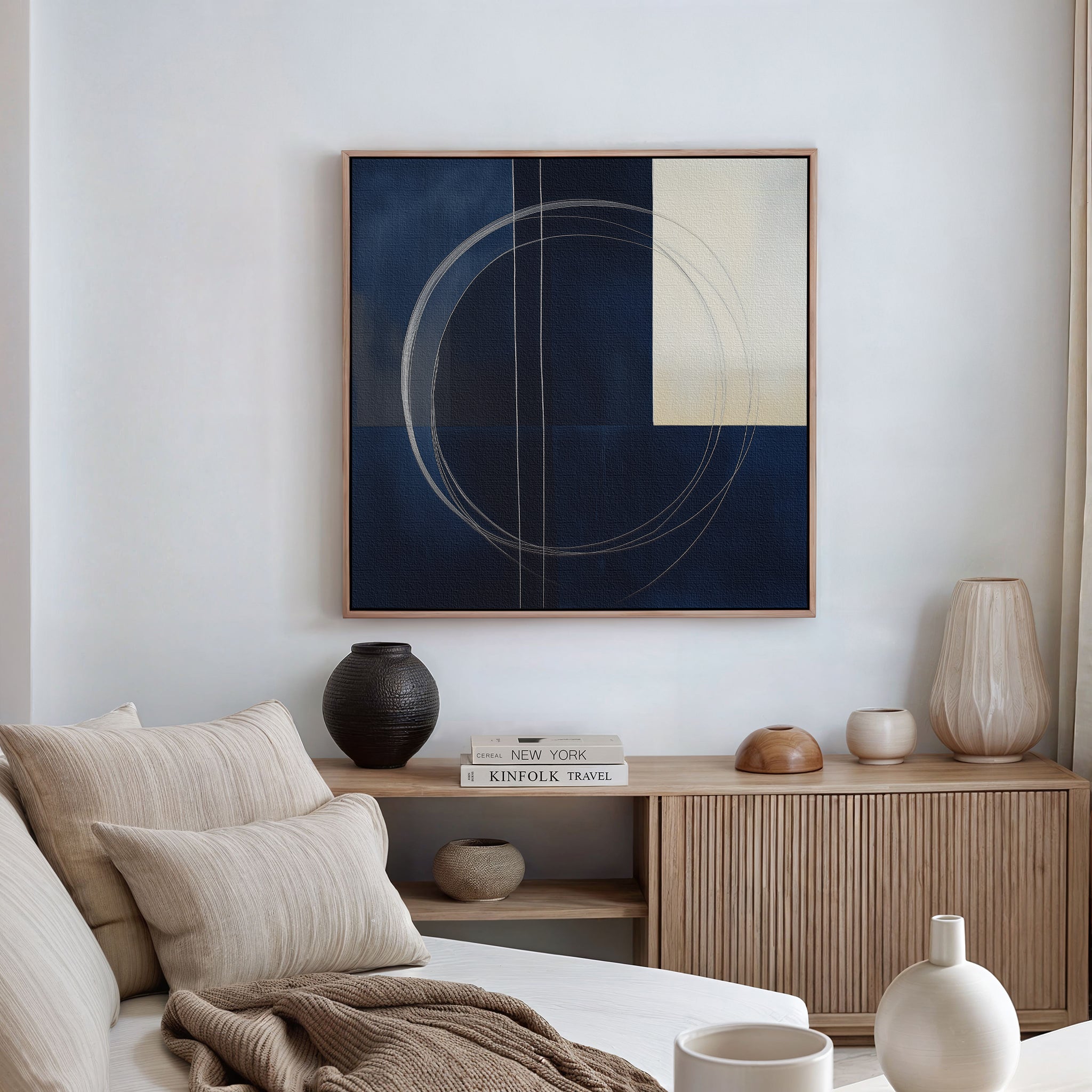 Orbits in Midnight – blue abstract canvas wall art print by Aspire Prints