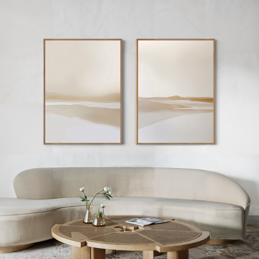 Whispers of the Soft Valley – Set of 2 Canvas Prints set of 2 – beige and white landscape canvas wall art by Aspire Prints
