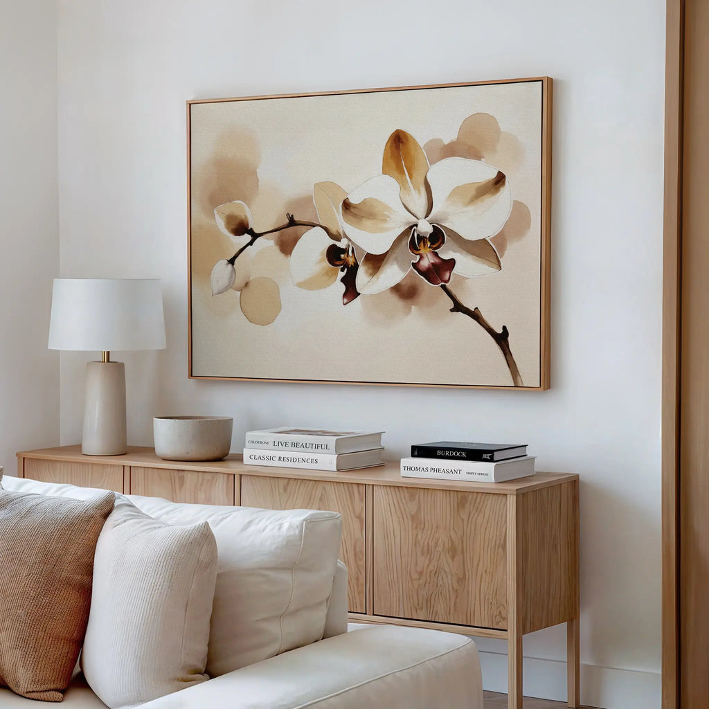 Whispers of Orchid Light – beige and white botanical canvas wall art print by Aspire Prints