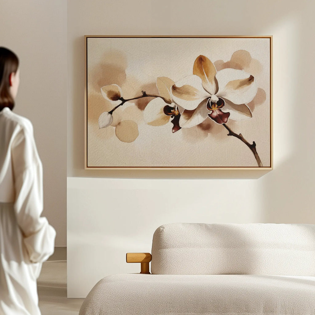Whispers of Orchid Light – beige and white botanical canvas wall art print by Aspire Prints