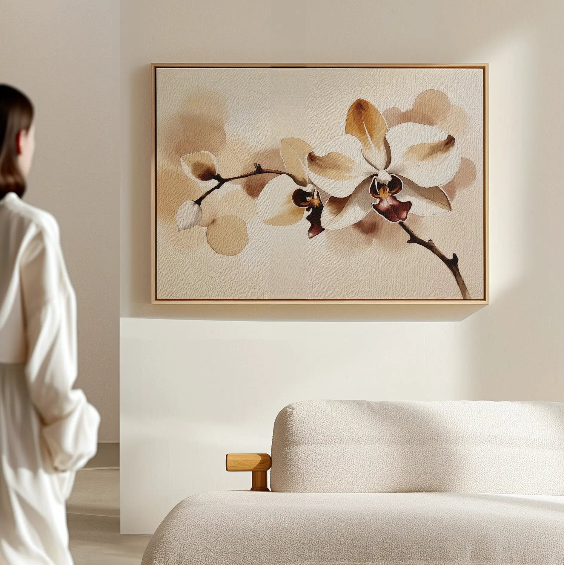 Whispers of Orchid Light – beige and white botanical canvas wall art print by Aspire Prints