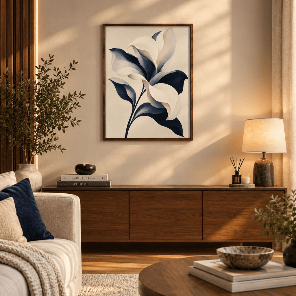 Ivory and Navy Lily Canvas Art - Vertical by Aspire Prints styled in a room