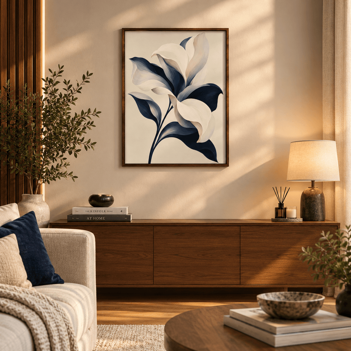Ivory and Navy Lily Canvas Art - Vertical by Aspire Prints styled in a room